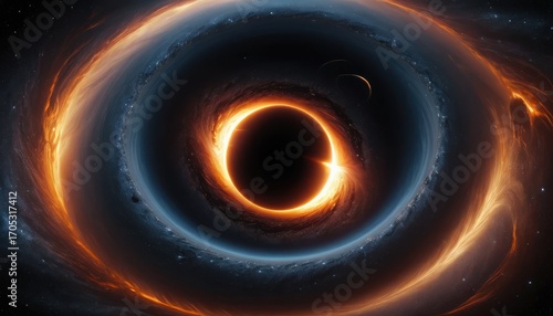 A swirling, fiery accretion disk surrounds a dark, massive black hole in deep space.