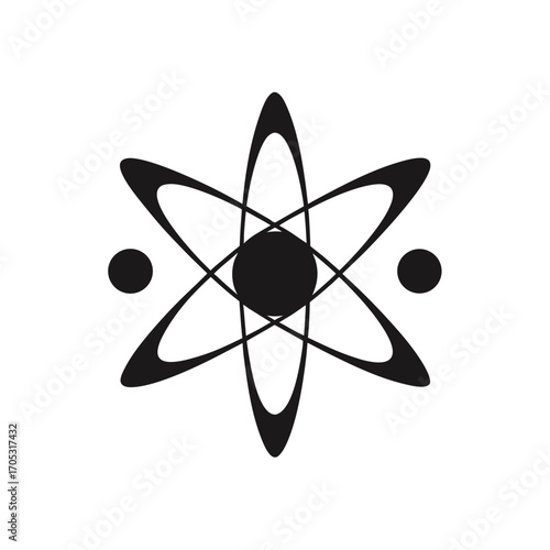 Stylized atom with electrons in black and white on transparent background