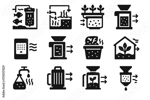 Icons greenhouse filter cleaner air icon pond lab bio compost vector indoor