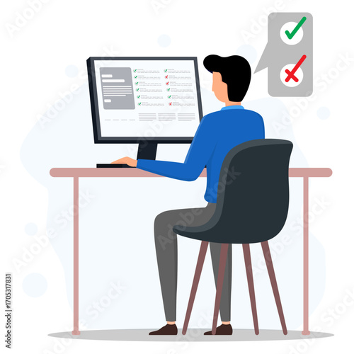 Man sitting at desk using computer to complete online survey with green check marks and red crosses. Representing task review, evaluation, and decision making process.
