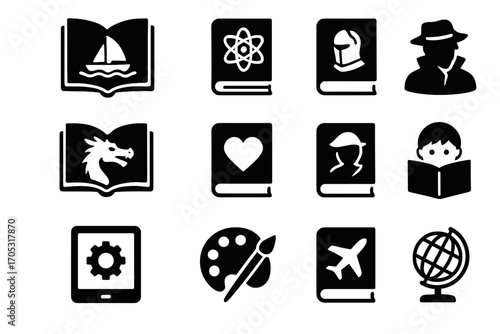 Vector icon icons grid history travel genre romance art books fiction mystery