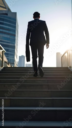 Businessman with briefcase ascends urban stairway facing the sunlight
