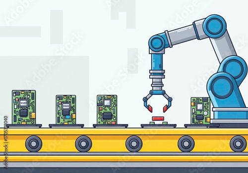 Automated robotic arm assembling complex circuit boards on a vibrant yellow production line