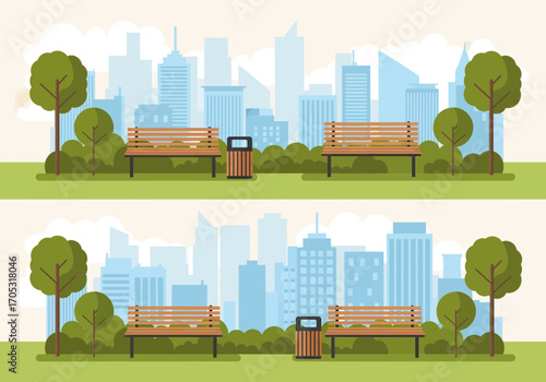Serene city park benches offer peaceful urban escape amidst modern skyline views