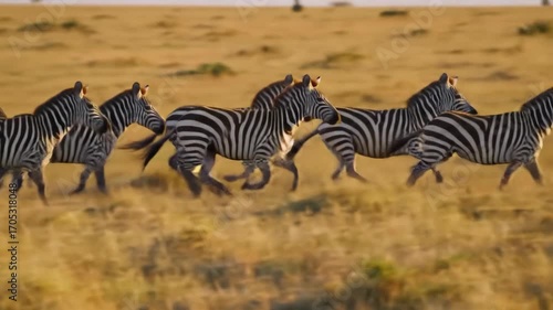 Group of zebras running across the grassland at daytime, African wildlife scene.
