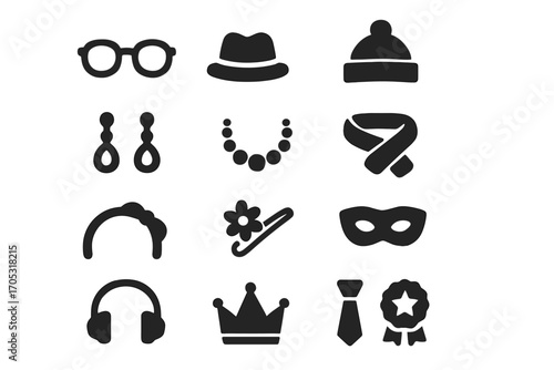 Masks hats icon ties vector emotion accessories clips necklaces avatar headbands glasses