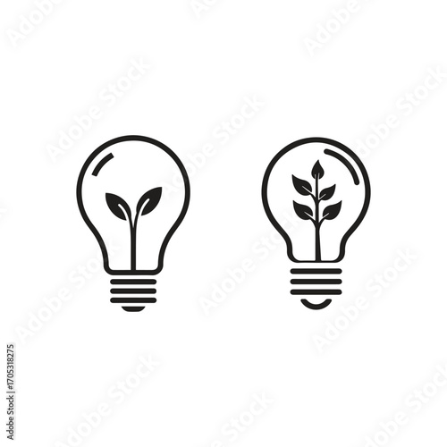 lightbulb vector icons with growing plants inside for eco-friendly energy and sustainability concepts.