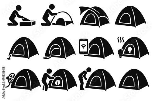 Icons testing deploying poles cyber unpacking tent assembling ready icon vector securing