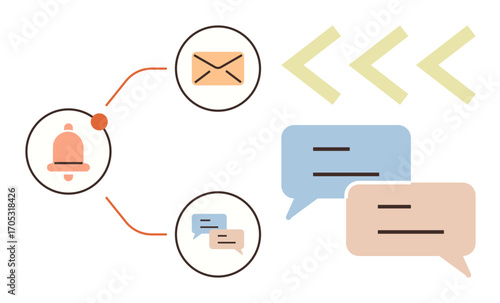 Bell notification, email envelope, and speech bubbles represent alerts, messaging, and communication flow. Ideal for reminders, updates, interaction, teamwork connectivity digital tools simple