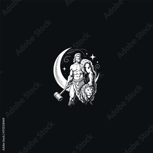 engraving style illustration of Hercules, the legendary Greek demigod. The hero is depicted in his prime, with a muscular physique and a lion's hide