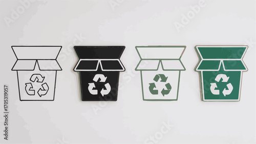 Four recycling bins with symbols recycling symbol cardboard boxes