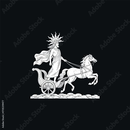 engraving of Helios, the Greek god of the sun, driving his celestial chariot. vector template illustration