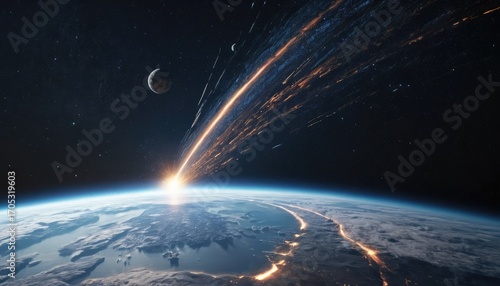 A meteor shower streaks across the sky towards Earth, illuminating the planet with brilliant light. A moon is visible in the dark space.