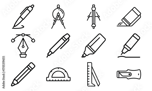 Essential Stationery and Drawing Tools Icons – Pen, Fountain Pen, Marker, Highlighter, Compass, Ruler, Protractor, Sharpener and Design Equipment Outline Set for School, Office and Creative Work