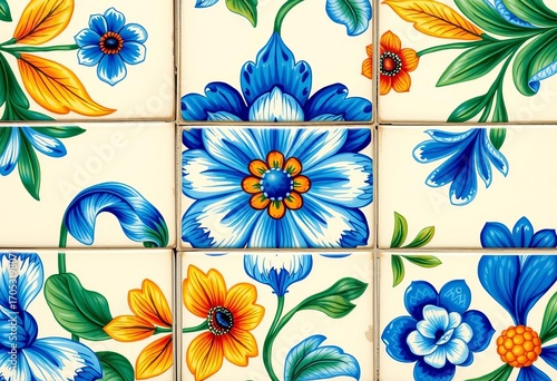 Hand-painted ceramic tile, vibrant blue and white floral pattern, decorative, art