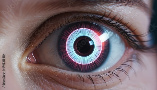 Close-up of a woman's eye with futuristic, glowing contact lens.