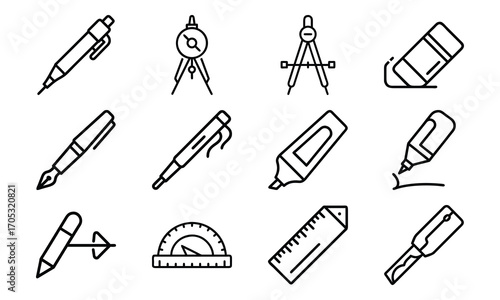 Essential Stationery and Drawing Tools Icons – Pen, Fountain Pen, Marker, Highlighter, Compass, Ruler, Protractor, Sharpener and Design Equipment Outline Set for School, Office and Creative Work