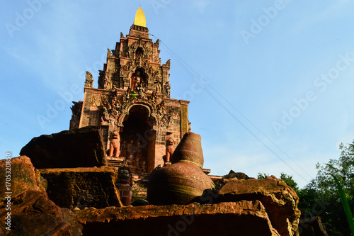 Old Terracotta Pagoda Lanna Architecture, Symbols of Buddhism, South East Asia at The Terracotta Architecture Garden Lamphun, Northern Thailand.