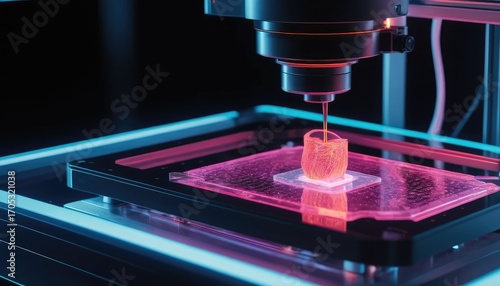 Close-up of a 3D printer depositing material to create a translucent object, illuminated by vibrant neon lights.