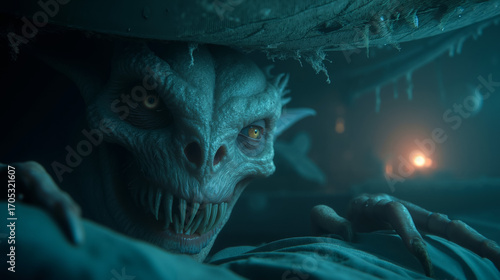 A close up of a creature with glowing eyes and fangs