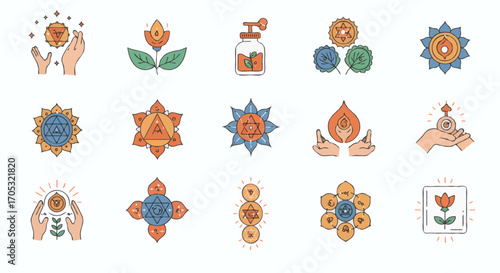 Esoteric icon set with chakra, mandala, and healing symbols for spiritual wellness and design