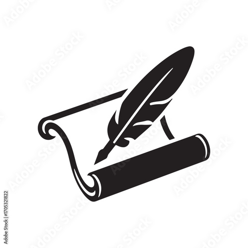 vintage feather quill pen on scroll vector illustration, old fashioned writing instrument design, education and literature symbol, creative storytelling vector art.