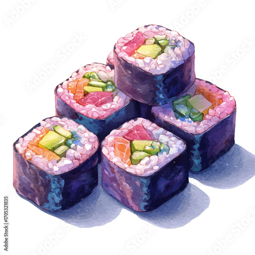 Maki Rolls, watercolor drawing vector, isolated on a white background.