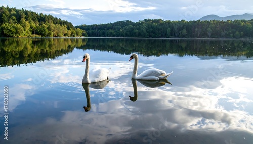 Fototapeta Naklejka Na Ścianę i Meble -  Two swans on a calm lake, mirroring the sky