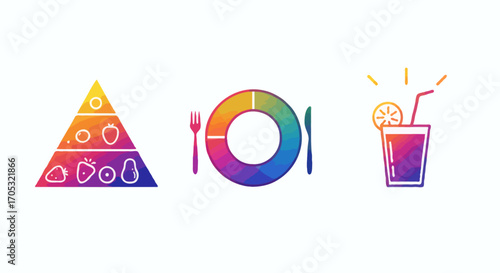 Vibrant icon set representing healthy eating concepts with a colorful gradient food pyramid, plate, and drink