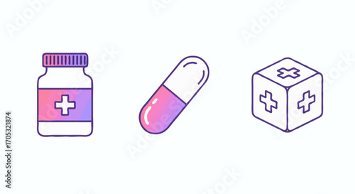 Medical Pills and a Bottle with a Cross in Minimalist Line Art Style