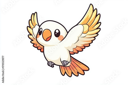 Cute baby parrot flying in sky coloring page for kids, kawaii cartoon vector style, thick black outline, high resolution, no shading