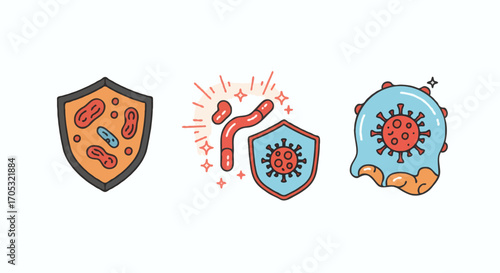 Creative vector illustration set of immune system protection, antibody response, and microbial defense icons