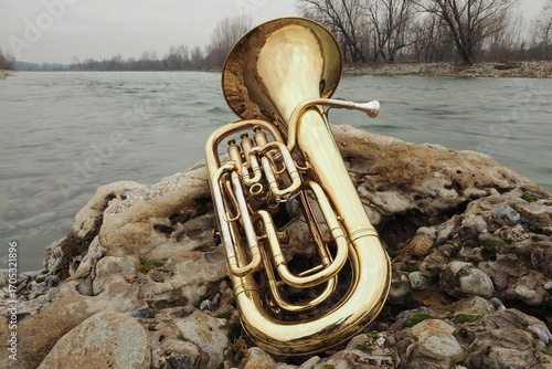 Sticker Euphonium in B posing on rock along the Brembo river