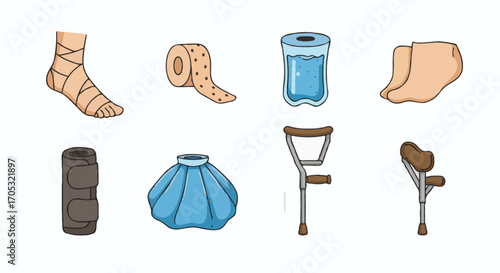 Set of medical icons for injury treatment and rehabilitation support, including bandages, crutches, and ice packs