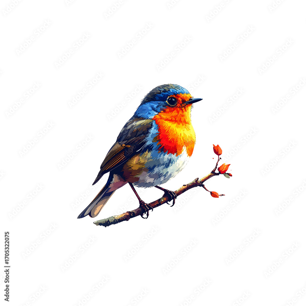 Fototapeta premium A wild robin with an orange-red breast perched on a small branch in a winter garden on a white background