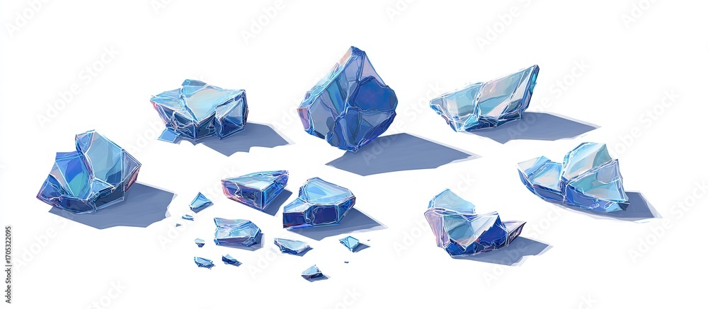 Naklejka premium Shattered ice crystals, various fragments of a broken substance, light blue, iridescent hues, with clear shadows