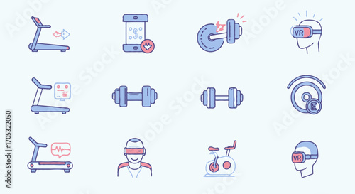 Fitness Icons Treadmill, Dumbbells, VR Fitness, Exercise Bike