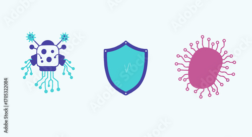 Cybersecurity Protection Robot, Shield, and Virus Icons