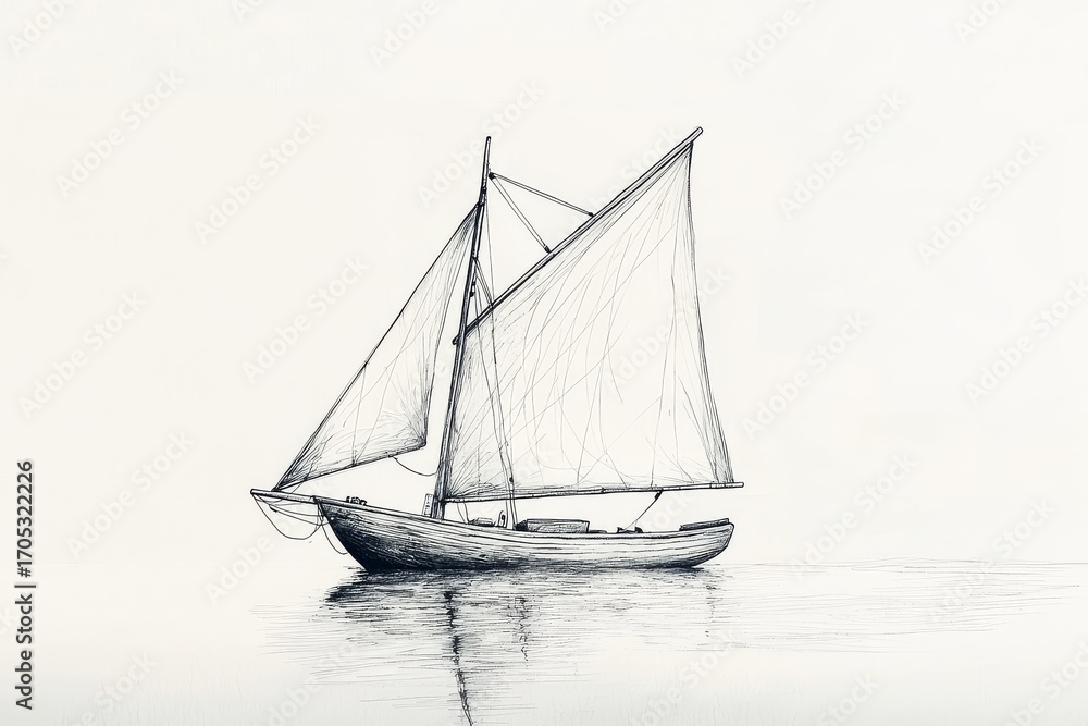 Fototapeta premium Minimalist line art sailboat with billowing sails on calm water, simple black thin outline drawing on white background, no shading