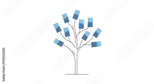 Sustainable energy future depicted with solar panels forming a tree, showcasing green technology