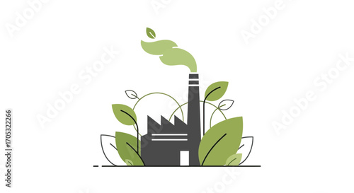 Eco-friendly factory illustration with green emission and leaves for sustainable business and nature concepts