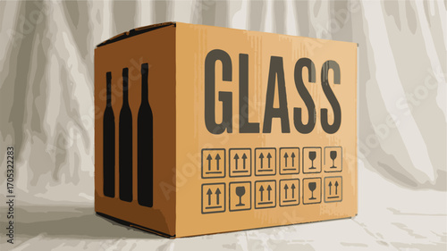 Cardboard box with glass bottles and handling symbols fragile shipping