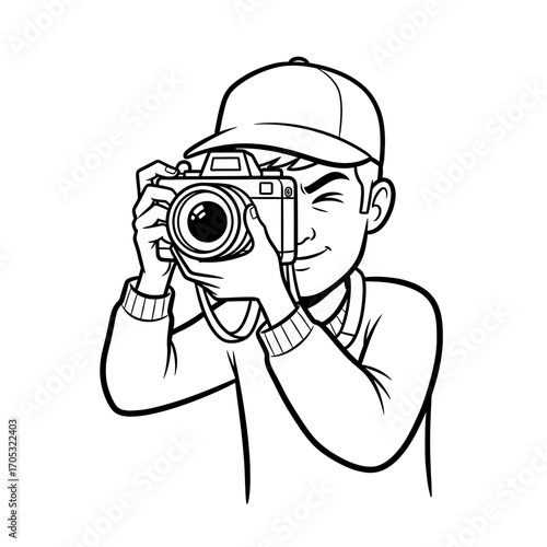 Black and white line art illustration of a man wearing a cap, holding a camera, and taking a photograph.
