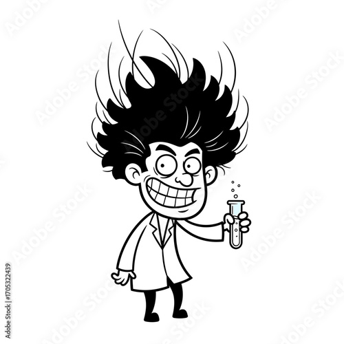 Black and white cartoon illustration of a crazy scientist with wild hair, a lab coat, and a wide grin, holding a bubbling test tube.