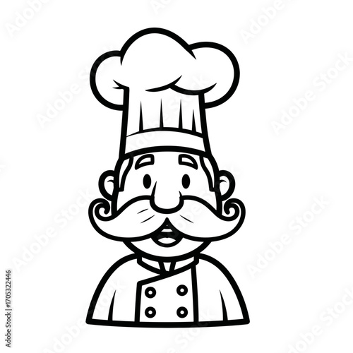 Smiling cartoon chef with a prominent mustache and tall toque, depicted in black and white line art.