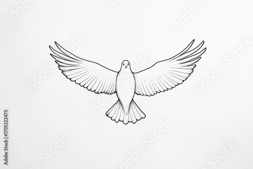 Minimalist line art logo of peace dove with outstretched wings, simple black ink outline on white background, elegant doodle style