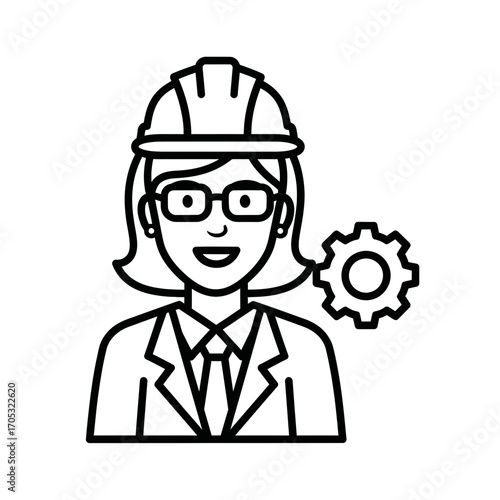 Line art illustration of a smiling female engineer wearing a hard hat and glasses with a gear icon.