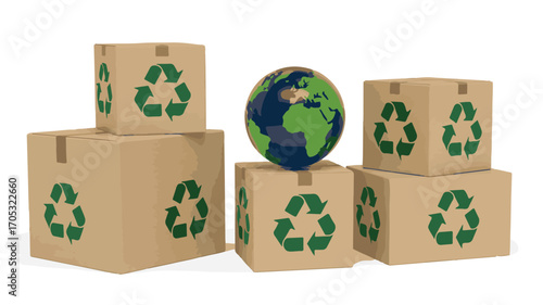 Earth globe atop stacked cardboard boxes with recycling symbols shipping containers planet earth