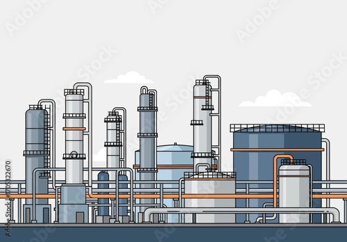 Modern industrial plant illustration, refinery or chemical factory, manufacturing, industry, energy