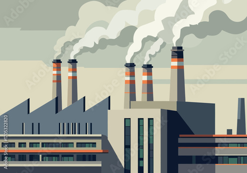 Industrial factory releasing smoke stacks, modern environmental pollution illustration concept art design